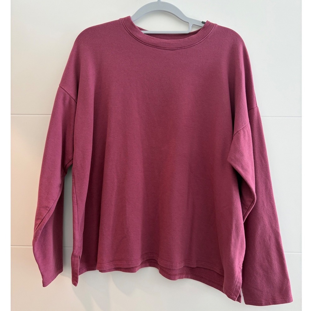 Eileen Fisher Tencel Organic Cotton Fleece Boxy Crewneck Top Berry Pink Large
